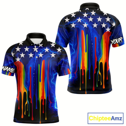 Goofygear Blue Lightning Thunder Rainbow American Flag Men Golf Polo Shirts Custom Patriotic Mens Golf Outfit
