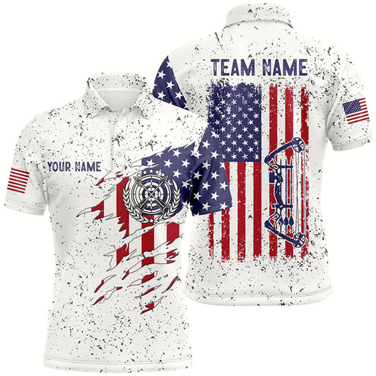 Goofygear Personalized White Grunge Us Flag Target Archery 3D Polo Shirts For Men, Custom Bow Archery Shirts