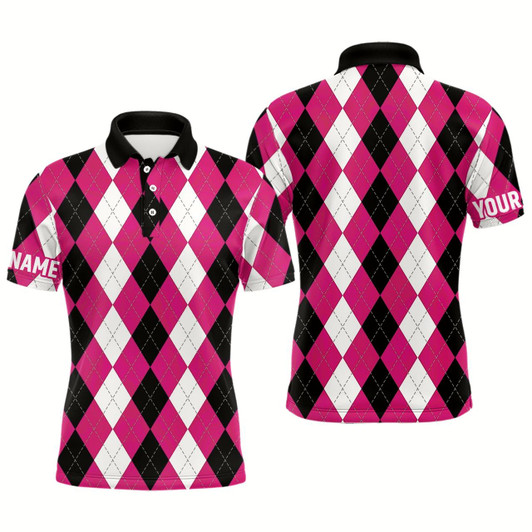Goofygear Mens Golf Polo Shirts Custom Pink Argyle Plaid Pattern Golf Attire For Men, Golfing Gifts