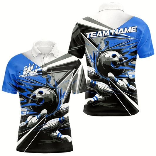 Goofygear Custom Black And Blue Striking Bowling Polo Shirts For Men, Team Uniform Bowlers Outfits