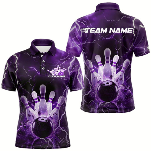 Goofygear Custom Black And Purple Thunder Lightning Bowling Polo Team Shirts For Men, Bowling Jerseys