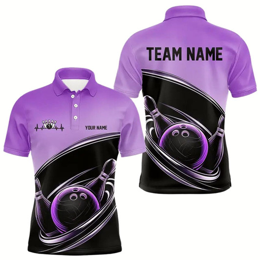 Goofygear Custom Black And Purple Bowling Polo Shirts For Men, Bowling Team Uniform Bowlers Outfit