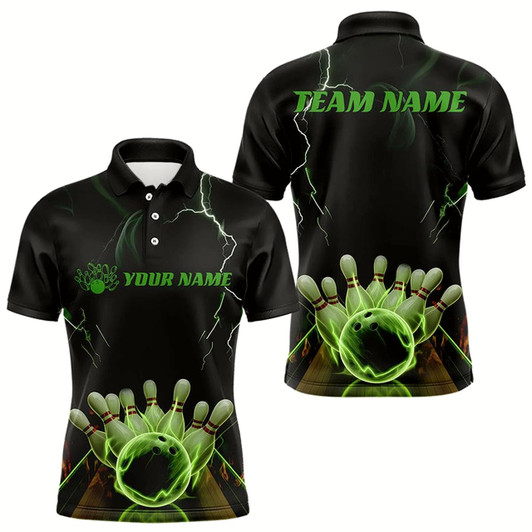 Goofygear Black And Green Thunder Lightning Custom Bowling Polo Shirts For Men, Bowling Team Uniform