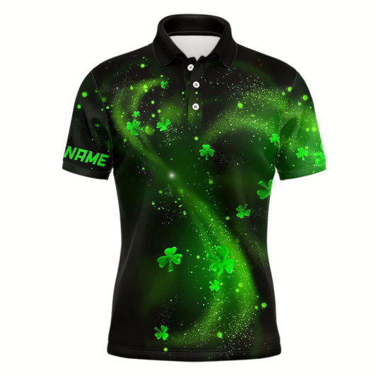Goofygear St Patrick Day Green Clovers On Black Mens Golf Polo Shirt Shamrock Custom Golf Gifts For Men
