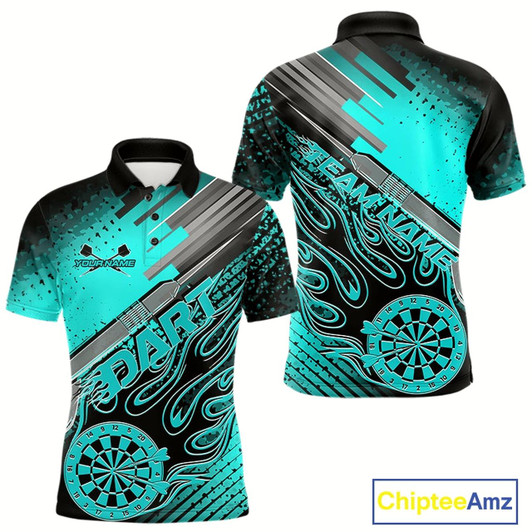 Goofygear Custom Black And Turquoise Blue Flame Dartboard Dart Polo Shirts For Men, Dart Uniform