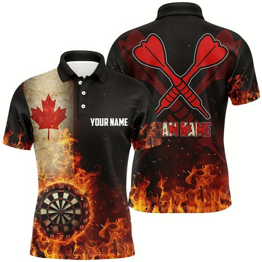 Goofygear Personalized Canada Flag Flame Dartboard Dart 3D Polo Shirts For Men, Patriotic Mens Dart Jerseys