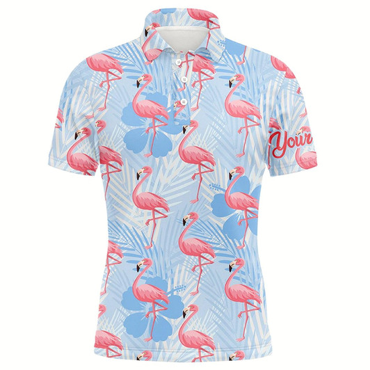 Goofygear Mens Golf Polo Shirts Custom Pink Flamingo Blue Tropical Pattern Golf Apparel For Team Men Golfer