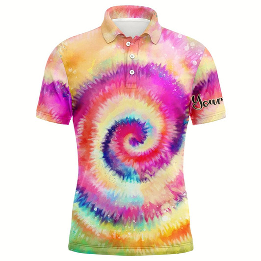 Goofygear Mens Golf Polo Shirt Rainbow Tie Dye Background Custom Name Golf Shirt, Golfing Gift