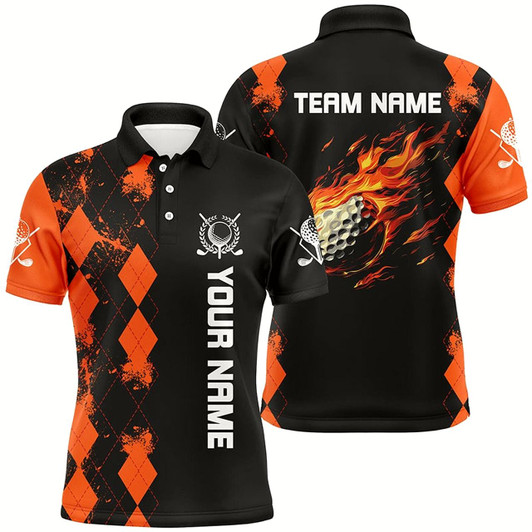 Goofygear Black Mens Golf Polo Shirts Custom Orange Argyle Pattern Flame Golf Ball Golf Tops For Mens