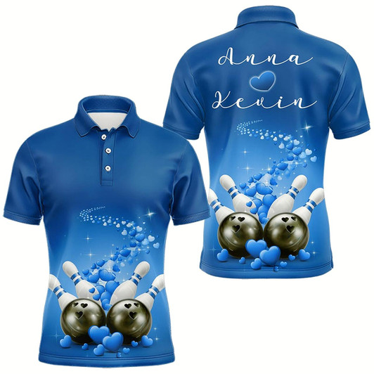 Goofygear Custom Blue Valentine Bowling Polo Shirts For Men, Valentines Day Couple Bowling Outfits