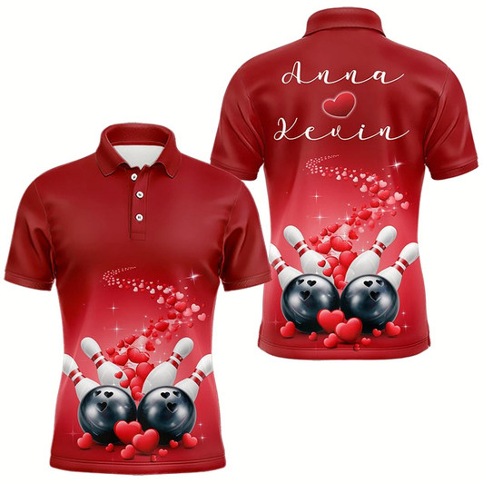 Goofygear Custom Red Valentine Bowling Polo Shirts For Men, Valentines Day Couple Bowling Outfits