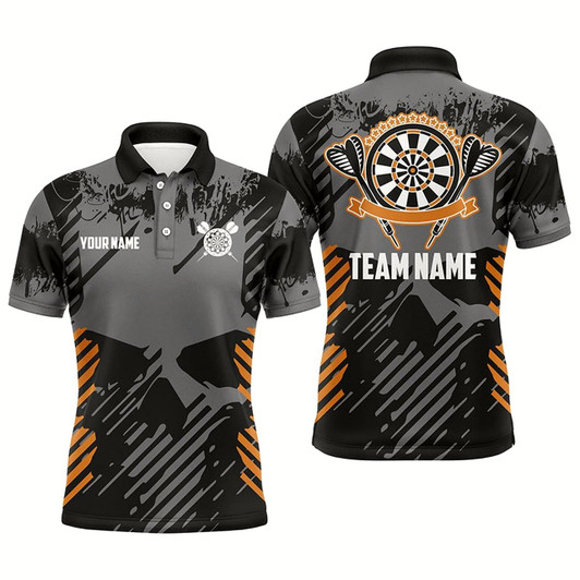 Goofygear Grey Grunge Orange Skull Mens Darts Polo Shirts Custom Dart Shirts For Men Dart Jersey