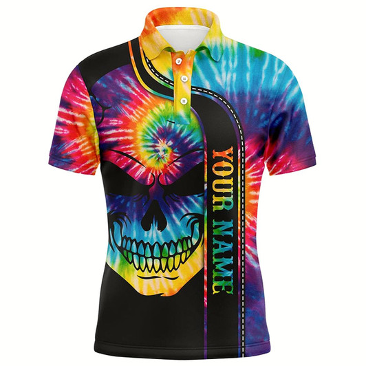 Goofygear Colorful Tie Dye Golf Skull Mens Golf Polo Shirts Custom Name Black Golf Outfit Men
