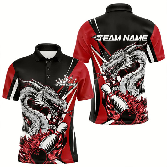 Goofygear Custom Black And Red Flame Dragon Bowling Jerseys, Dragon Men Bowling Team Polo Shirts