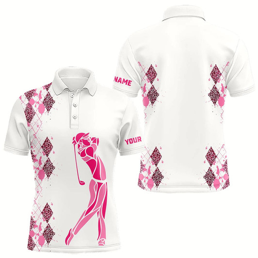 Goofygear Pink Leopard Argyle Pattern White Men Golf Polo Shirts Custom Golf Wear For Men, Unique Golf Gifts
