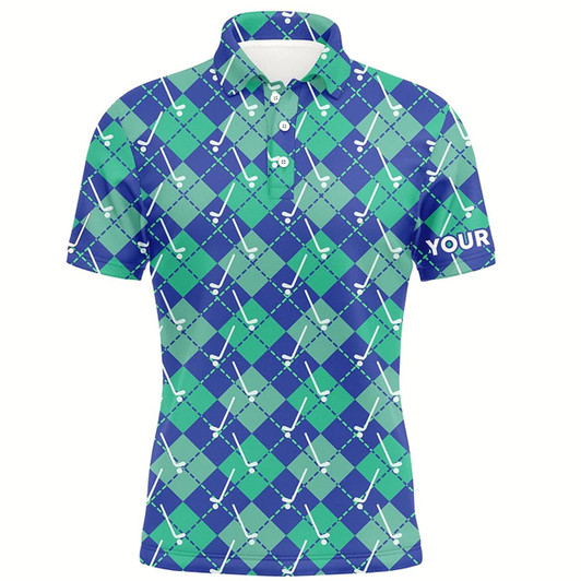Goofygear Green Blue Argyle Plaid Pattern Golf Clubs Custom Mens Golf Polo Shirt, Golf Tops For Men Golfing Gift