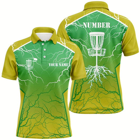 Goofygear Yellow Green Mens Disc Golf Polo Shirt Lightning Thunder Custom Disc Golf Jerseys, Disc Golf Shirt