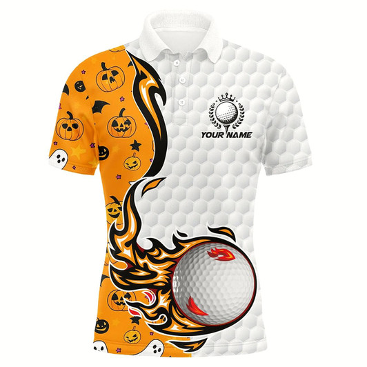 Goofygear Funny Halloween Pattern Orange Golf Ball Men Golf Polo Shirts Custom Halloween Golf Shirts, Golf Gifts