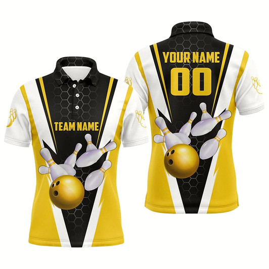 Goofygear Custom Yellow Strike Bowling Polo Shirts For Men, Bowling Team Jerseys With Name And Number