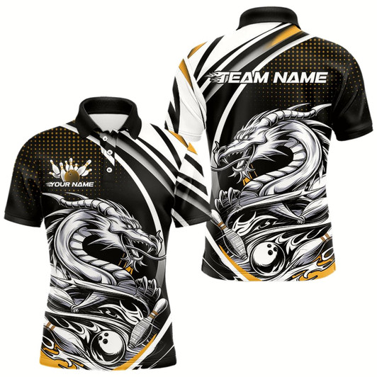Goofygear Custom Black And Yellow Dragon Bowling Team Polo Shirts For Men, Dragon Bowling Jerseys
