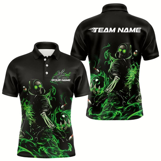 Goofygear Custom Black And Green Flame Skeleton Bowling Polo Shirts For Men, Skull Bowling Jerseys Style 2