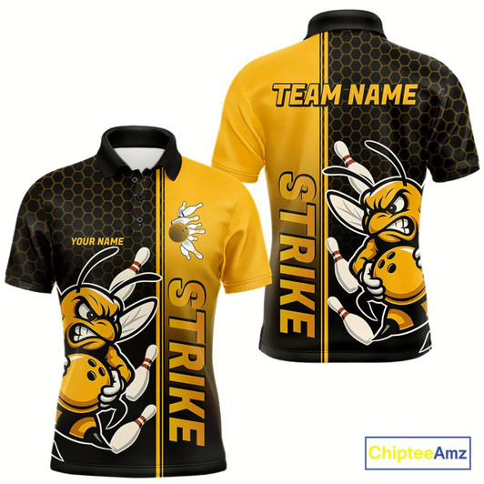Goofygear Custom Strike Bee Bowling Polo Shirts For Men, Bee Bowling Team Bowlers Outfit
