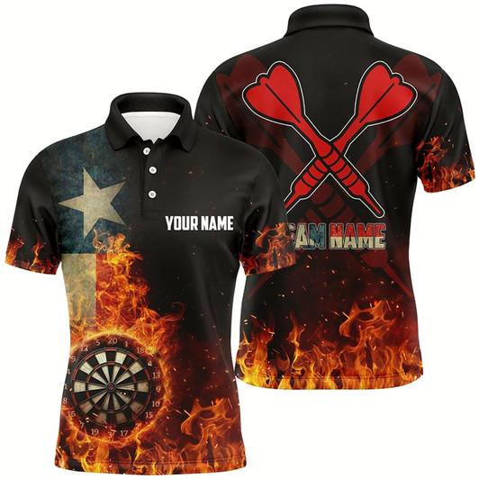 Goofygear Personalized Texas Flag Fire Dartboard Dart Polo Shirts For Men, Custom Patriotic Mens Dart Jerseys Style 3
