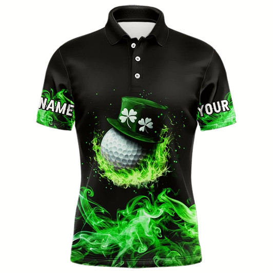 Goofygear Personalized Green Flame Smoke Lucky Clover Golf Polo Shirts For Men Custom St Patrick Day Golf Shirts