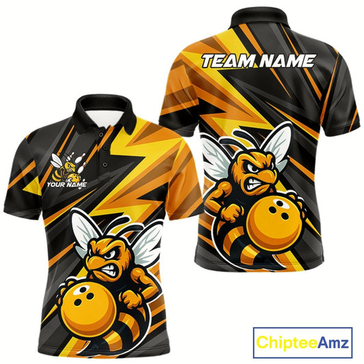 Goofygear Custom Black And Yellow Bee Bowling Polo Shirts For Men, Bowling Team Uniform