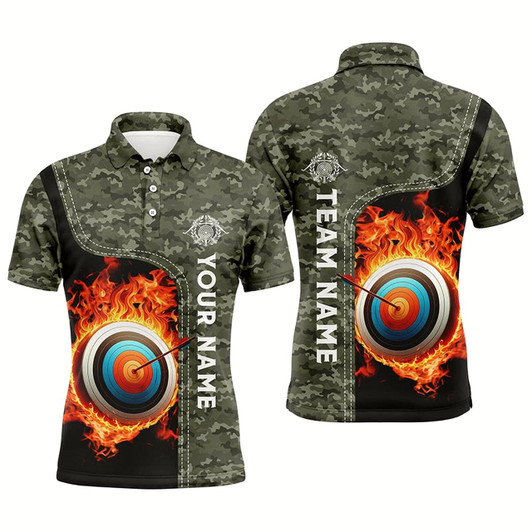 Goofygear Personalized Camouflage Flaming Target Archery 3D Polo Shirts For Men, Custom Archery Team Jerseys
