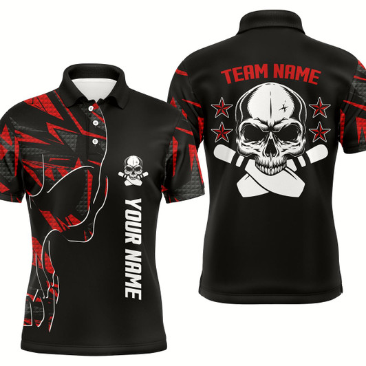 Goofygear Bowling Polo Shirts For Men Custom Name And Team Name Skull Bowling, Team Bowling Shirts Red