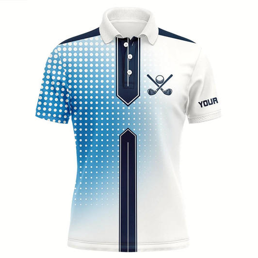 Goofygear Blue And White Mens Golf Polo Shirt Custom Name Mens Golf Tops, Team Golf Jerseys