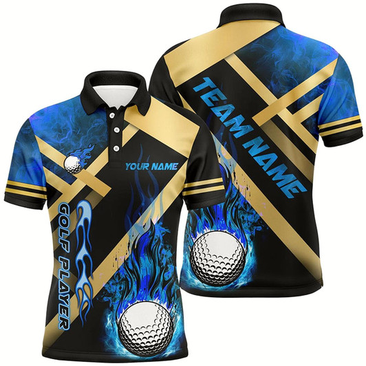 Goofygear Mens Golf Polo Shirts Custom Blue Flame Golf Ball Fire Golf Apparel For Men, Personalized Golf Gifts