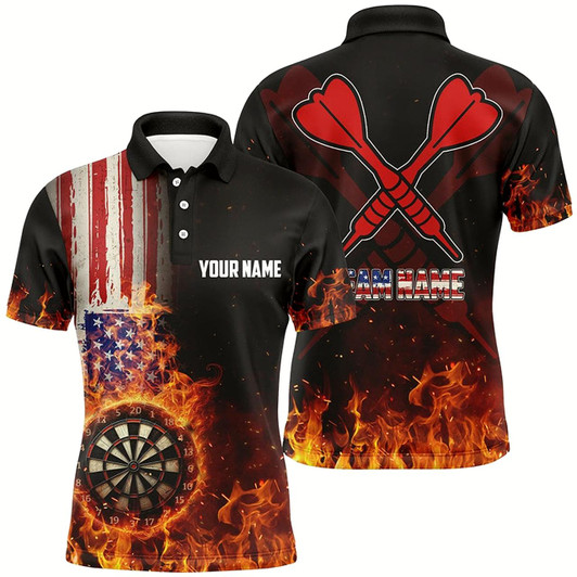 Goofygear Personalized Us Flag Fire Dartboard Dart 3D Polo Shirts For Men, Custom Patriotic Mens Dart Jerseys