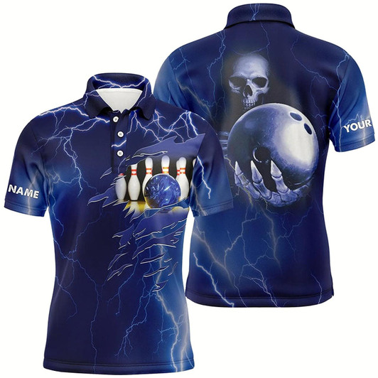 Goofygear Personalized Bowling Polo Shirt For Men Blue Lightning Custom Name Team Skull Bowling Jerseys