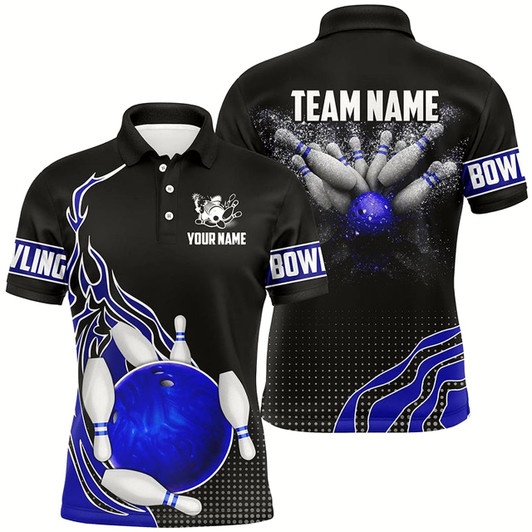 Goofygear Blue And Black Bowling Polo Shirts For Men Custom Bowling Ball Pins Team League Jerseys Bowl Gifts