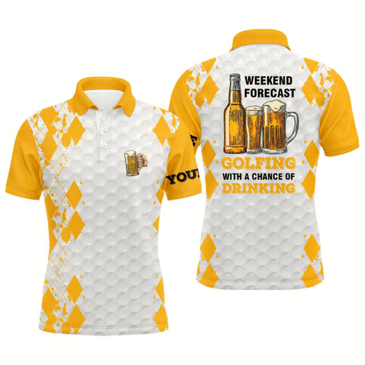 Goofygear Weekend Forecast Golfing With A Chance Of Drinking Beer Custom Name Funny Mens Golf Polo Shirt
