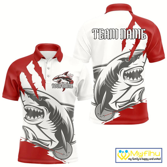 Goofygear Custom White And Red Shark Jerseys, Shark Bowling Team Men Polo Shirts Bowlers Outfit