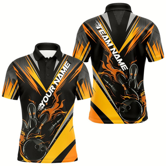 Goofygear Custom Black And Yellow Flame Bowling Men Polo Shirts, Fire Bowling Tournament Team Outfits