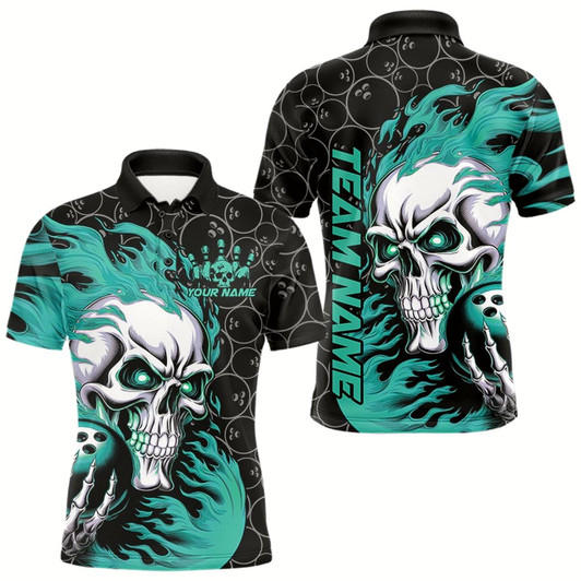Goofygear Custom Black And Blue Flame Skull Bowling Men Polo Shirts, Skull Halloween Bowling Outfit