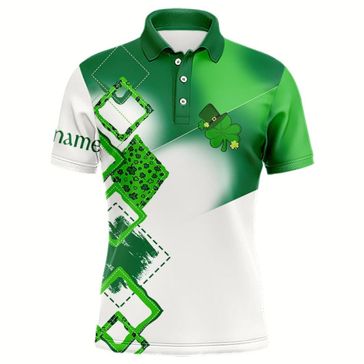 Goofygear Mens Golf Polo Shirt Custom Name White And Green Shamrock St Patrick Day Golf Shirts, Golfing Gifts