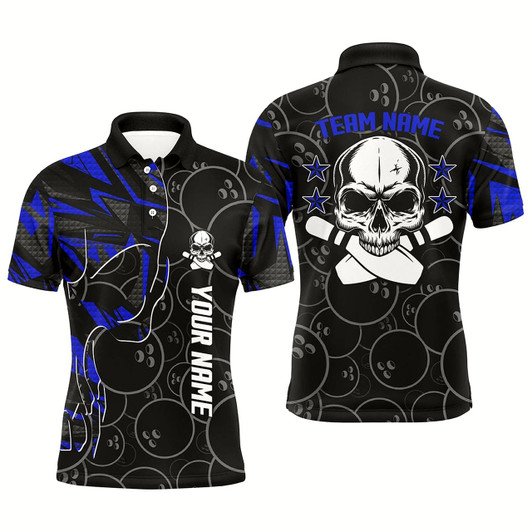 Goofygear Blue Camo Black Bowling Polo Shirts For Men Custom Team Name Skull Bowling, Team Bowling Shirts