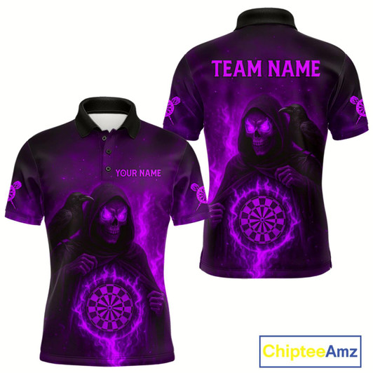 Goofygear Custom Purple Flames Raven Grim Heaper Dartboard Dart Polo Shirt For Men Dart Outfit Jersey