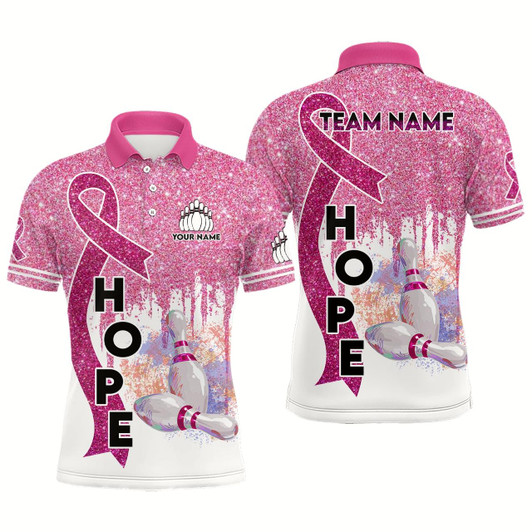 Goofygear Pink Glitter Ribbon Breast Cancer Awareness Bowling Jerseys Custom Team Bowling Polo Shirt For Men