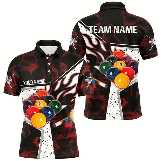 Goofygear Personalized Red Smoke Billiard Jersey Men Polo Shirts, 3D Billiard Balls Custom Pool Player Shirts