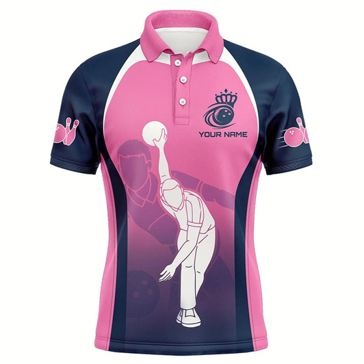 Goofygear Blue And Pink Bowling Polo Shirts For Men Custom Bowling Team Shirts, Personalized Bowling Jerseys