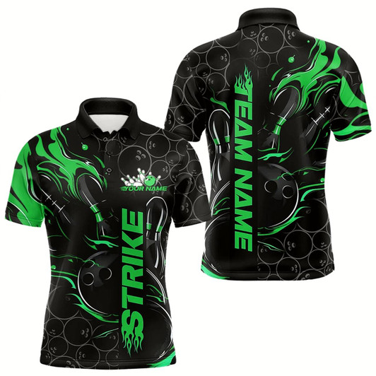 Goofygear Custom Black And Green Flame Strike Bowling Team Polo Shirts For Men, Strike Bowling Jerseys