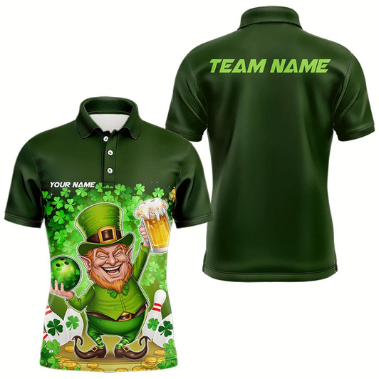 Goofygear Funny Leprechaun And Beer Custom St Patricks Day Bowling Polo Shirts For Men, Irish Bowling