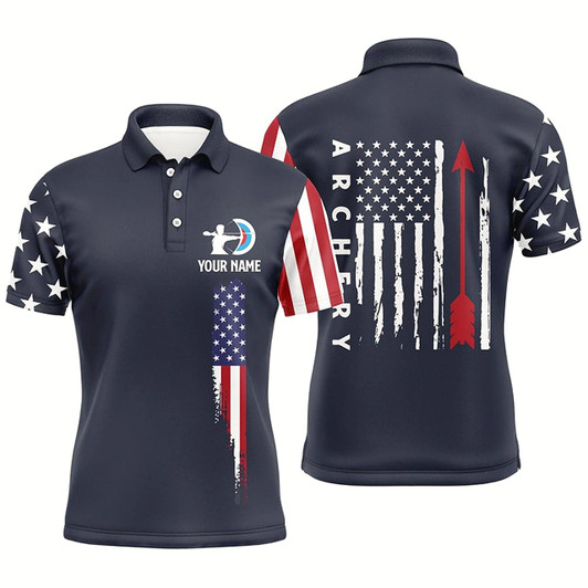 Goofygear Personalized Navy American Flag Archery Polo Shirts For Men, Custom Flag Arrow Archery Jerseys