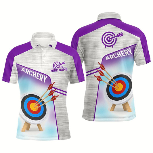 Goofygear Personalized Purple Grey 3D Target Archery Polo Shirts For Men, Custom Name Archery Jerseys